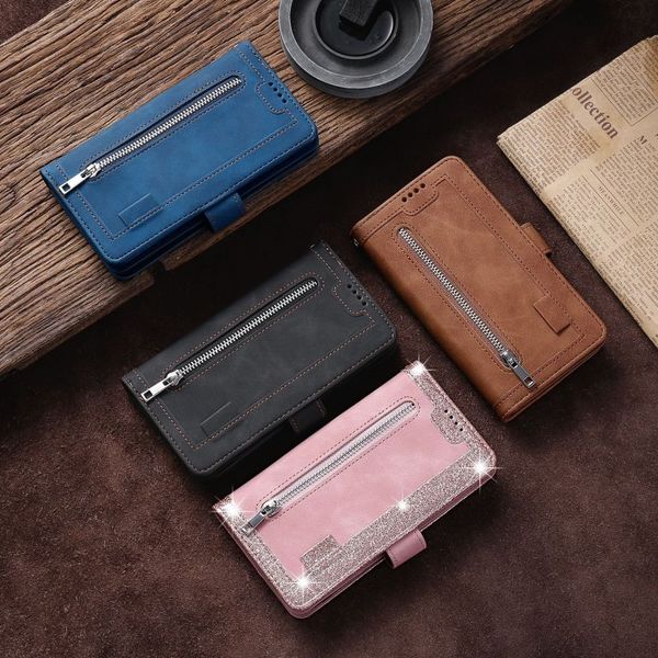 Convient pour l'iPhone 15 Nine Card Zipper Apple 14 Multifonctionnel 13 Flip Cover 12 Business Leather Case 11 Téléphone Protection Case Card Insertion