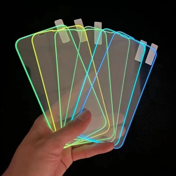 Adecuado para iphone14Pro vidrio totalmente templado XR pantalla completa fluorescente 3D borde duro silicona anticaída Apple película luminosa de 8 colores