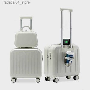 Valises 18 pouces valise d'embarquement valise de voyage multifonctionnelle étudiant mot de passe boîtier de chariot sac à bagages roulant avec porte-gobelet Q240115