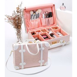 Akschriften Cosmetische tassen PU Dames Handreizen draagbare grote capaciteit opslag Organisator Box Professional Full Beauty Kit Make -up bolsas 230404