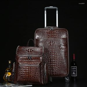 Valises en cuir véritable motif Crocodile bagages de voyage avec sac à main sac à dos hommes première couche en peau de vache Trolley valise embarquement