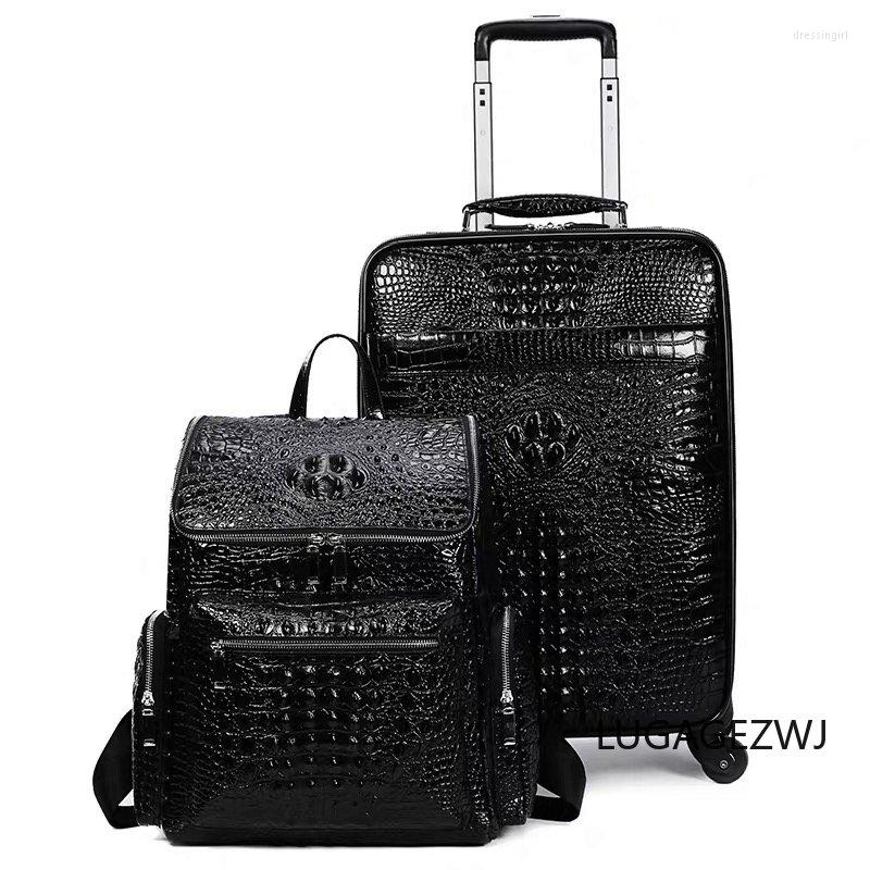 Resväskor äkta läderkrokodilmönster affärsrese fall set män datorväska ryggsäck handväska rullstolbagage fortsätt