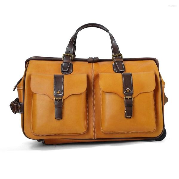 Valises valise de voyage en cuir véritable bagages roulants sacs de chariot hommes femmes sac d'affaires avec roues 24 pouces