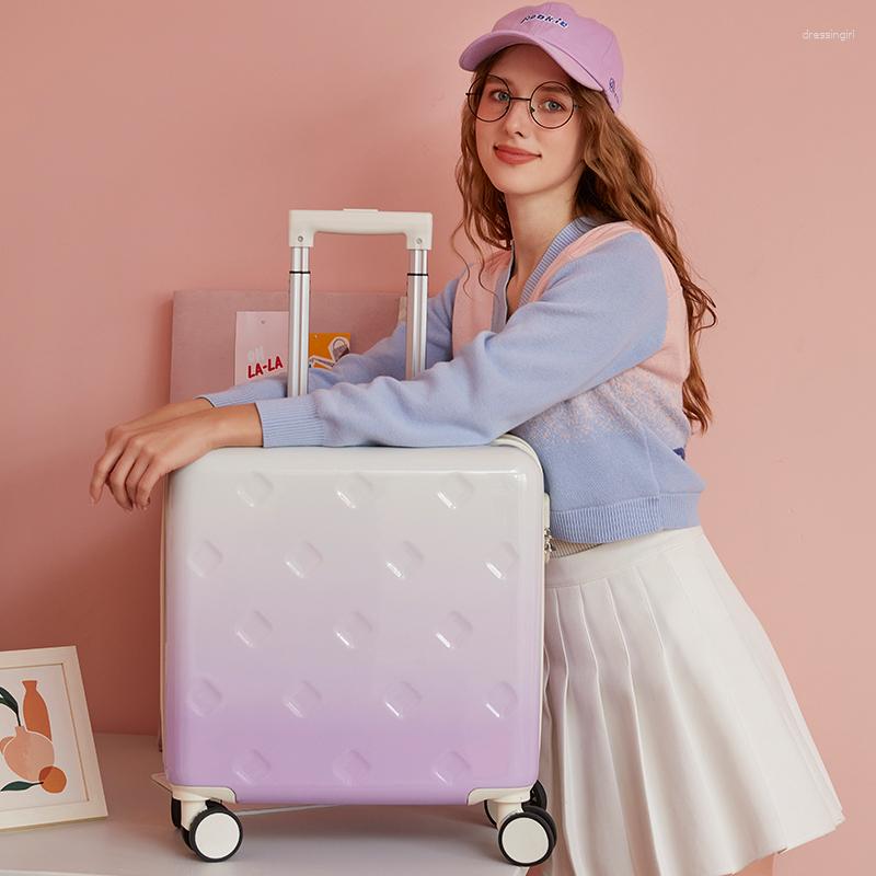 Suitcases High Quaity Small Suitcase Girl 20" Lightweight Boarding Luggage Gradient Color Trolley 18" Password Women Travel Bags On Wheels