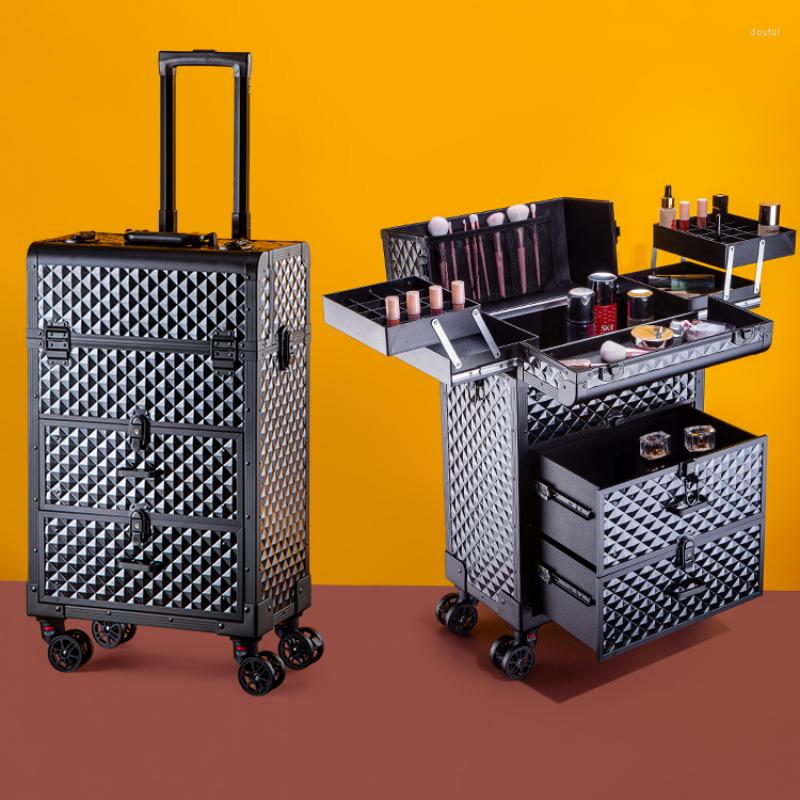 Resväskor makeup vagn kosmetik resväska flerskikt skönhet nagel tatuering manikyr lådor stor kapacitet resor rullande bagage väskor