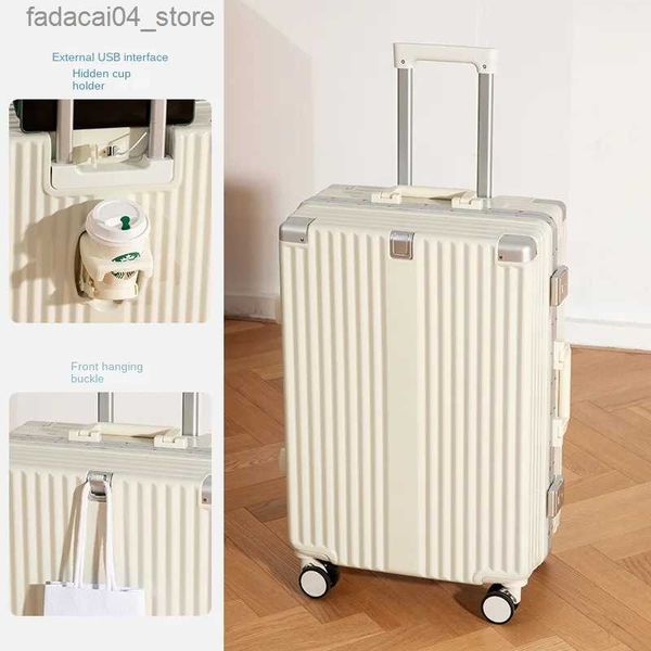 Valises Bagage multifonctionnel en aluminium avec porte-gobelet USB, boîtier de chariot femelle 20 24 26 pouces, valise d'embarquement, bagage roulant Q240115