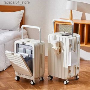 Koffers Nieuwe brede handgreep vooraan te openen Rolling bagage USB-bekerhouder Koffer Handbagage Reistas Cabine Trolley Reiskoffer Q240115