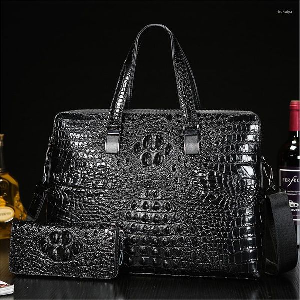 Valises en cuir véritable Crocodile porte-documents hommes valise sac affaires Double fermeture éclair épaule bagages tête couche peau de vache sac à main