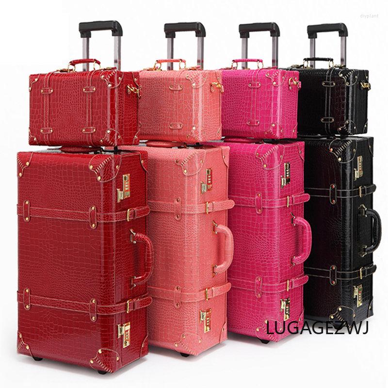 Malas de viagem vintage rolando bagagem caixa conjunto chinês vermelho caso de casamento grande capacidade maquiagem mala de viagem de armazenamento