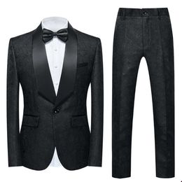 Pakken 2 mannen prachtige stukken Tuxedos Wedding Patroon Sjawl Rapel Een knop Zakken Pakken Pas broek Mode formeel casual prom op maat gemaakt