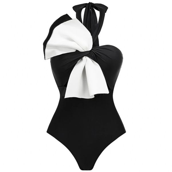 Costumes 2023 Black blanc maillot de bain Femmes Deepv One Piece Maillot de bain Mesh Ruffle Beachwear Bathing mail