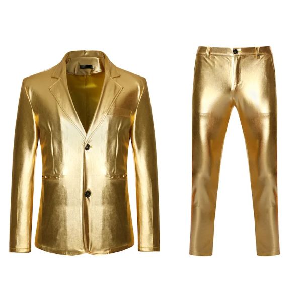 Trajes 2023, chaqueta plateada dorada brillante para hombre + Pantalones, chaqueta de esmoquin, traje de 2 uds, traje metálico de cantante de escenario, disfraces de cosplay de halloween para hombre