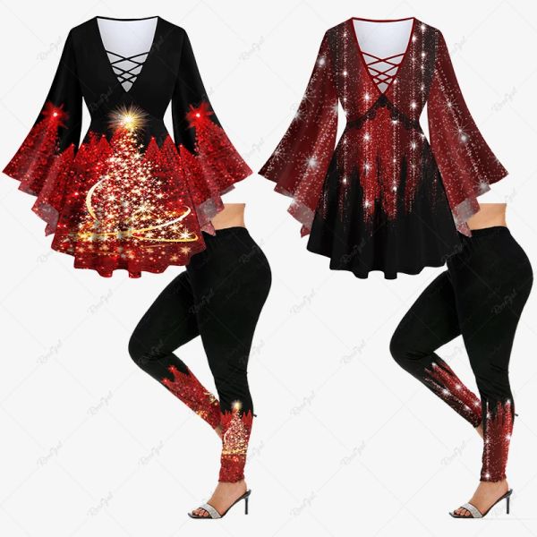 Costumes 2023 Nouvel arbre de Noël paillettes scintillantes paillettes Colorblock dentelle impression 3D manches évasées t-shirt ou leggings ensemble assorti décontracté