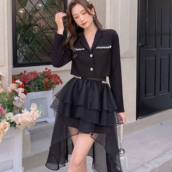Trajes 2023 nuevas mujeres Blazers faldas conjuntos coreano señora elegantes diamantes negro delgado traje abrigos malla vestido de bola trajes ropa de moda