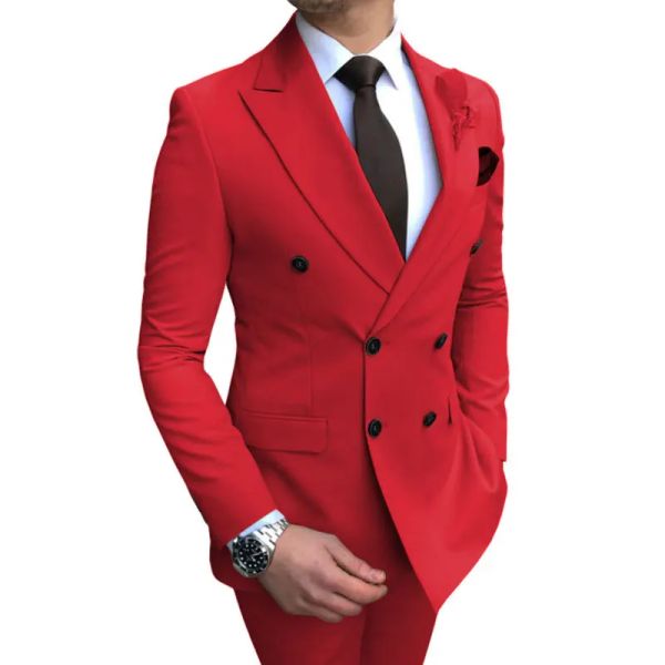 Trajes 2023 Trajes rojos de 2 piezas para hombre, esmoquin para boda, ropa de fiesta, trajes de novio con doble botonadura, corte entallado, solapa con pico blanco, chaqueta de padrino