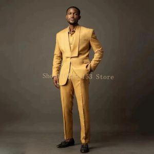 Costumes 2023 Slim Fit Suit pour hommes 2 pièces Gold Fashion Business Elegant Italian Style Coat (Blazer + Pantalon) Costume Homme