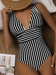 Pakken 2023 Striped One Piece Swimsuit Vintage Swimwear Women Vneck Baden Zwempak Vrouw Summer Beachwear Bodysuit