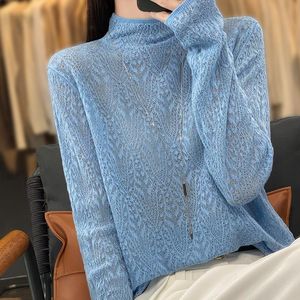 Pakken 2023 Zomer dames zware industrie glanzende zijden holle kleding mode gebreide half hoge kraag pullover 3D haakvormige bloemtop