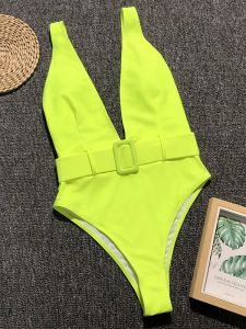 Pakken 2024 Deep V Neon High Cut Women Swimwear One Piece Swimsuit Vrouw met tailleband Monokini High Taille Bathing Suit Swim Bodysuit