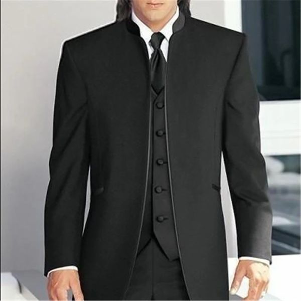 Costumes 2024 Nouveau col montant noir hommes costumes de mariage 3 pièces (veste + pantalon + gilet + cravate) sur mesure Tuxedos de marié meilleur homme mariés de mariage