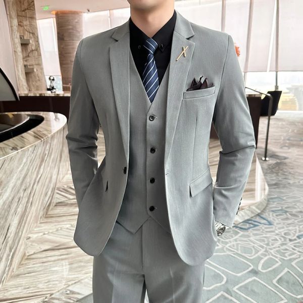 Costumes 2024New (Blazer + Gilet + Pantalon) Mode Homme Business Gentleman Style Italien Couleur Unie Professionnel Mariage Meilleur Homme Costume
