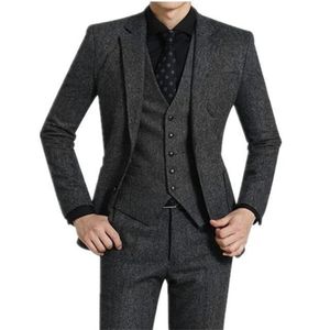 Costumes 3 pièces gris Tweed hommes costumes pour mariage pointe revers personnalisé décontracté marié Tuxedos 2022 hiver homme mode vêtements veste pantalon