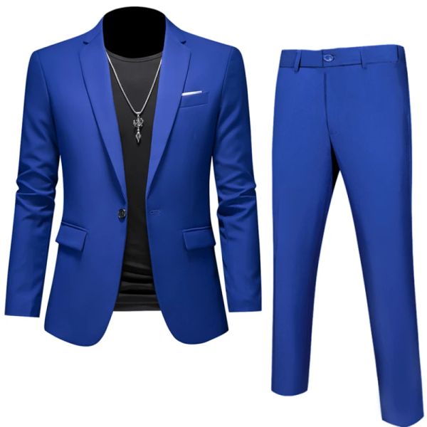 Costumes 6XLM (Blazer + Pantalon) Haute Qualité Affaires Couleur Unie Slim Fit Costumes 2 Pièces Hommes Marié De Mariage Social Tuxedos Ensemble 16 Couleur