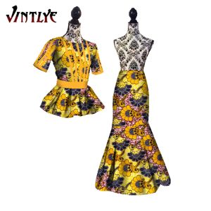 Trajes Ropa de mujer africana Conjuntos de 2 piezas Camisetas de manga corta y faldas Combinan encaje Ankara Bazin Riche Dashiki Disfraz de fiesta WY440