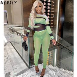 Suits Akaily Groen Mesh Through 2 Tweedelige Broek Set Party Club Outfits Voor Vrouwen 2023 Herfst Roze Patchwork Bodycon top Broek Set