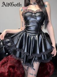 Costumes Altgoth gothique Pu robe femmes Coquette Streetwear Y2k sans bretelles dentelle garniture évider taille haute à lacets Corset robe Partywear