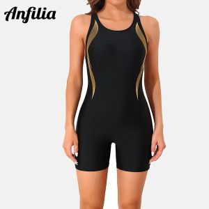 Pakt ANFILIA Women Onepiece Sports Swimsuit Professionele training Athletic Boyleg Racerback Bathing Suit Wave Line Printing Swimwear