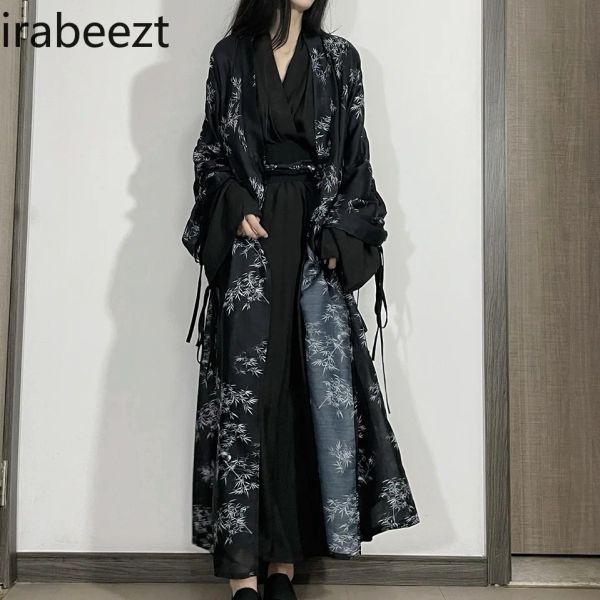 Costumes Automne et hiver nouveau costume chinois Wei Jin dynastie Hanfu imprimé jupe manteau Art extérieur Acient robe longue ample pour les femmes