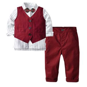 Pakken Baby Suit Childrens Suits 3 stcs/Set Kids Baby Boys Long Sleeve Plaid Business Suit Vest + Shirt + Pants Set voor jongens voor 1-8 jaarHKD230704
