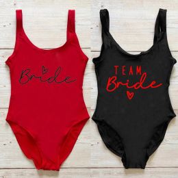 Costumes Bachelorette Party One Piece Swimsuit Team Bride Heart Print Maillots de bain Femmes High Cut Low Back Saisie de baignade sexy