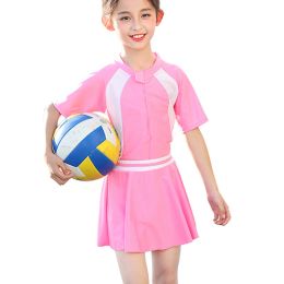 Suit Beach Girl Swimsuits (Body Suit + Jirt) Enfants Enfants Sunproof Short Sleeve 2pcs Swimsuit 414 Kids Migned Swirted Swimswear Bathing