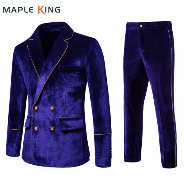 Trajes mejores trajes de boda para hombres 2 piezas Blazer + Pant Velvet Gold Trim DoubleBreasted Vestido comercial Costard Homme Mariage Traje Set