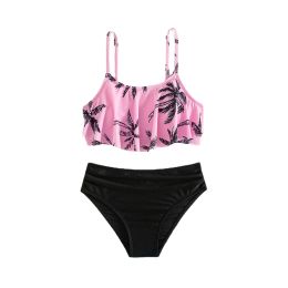 Suits Black+Pink Flounce Girls Two Pally Swimsuit Teen Girls Tie Side Bikini Sets 714 jaar Girls Bathing Suit badkleding