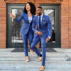 Pakken Blauw Plaid Slim Fit Heren Pak Pak Vrouwen Sjaal Revers Bruidegom Weddin Tuxedos 2 Stuks Jas Broek Sets Mode tailleur Femme