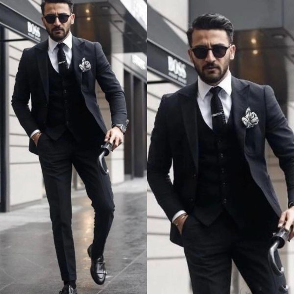 Trajes Boss Trajes de hombre Ropa de novio suave Slim Fit para boda Solapa de pico 3 piezas Chaqueta Chaleco Pantalones Padrinos de boda Esmoquin de boda Padrino