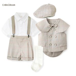 Suits Boy Cotton Baby S 2023 Dubbele borsten Vest Korte sjaal 6pcs Pak Sets Tuxedo Formele bruiloft Verjaardag jurk 230508