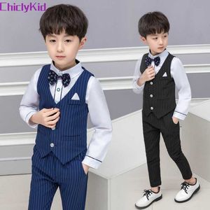 Trajes Boy Striped Top Ring Bearer Chaleco Conjuntos de ropa Niños Trajes formales Corbata para niños Camisa de manga larga Chaleco Pantalones Trajes para niños pequeñosHKD230704