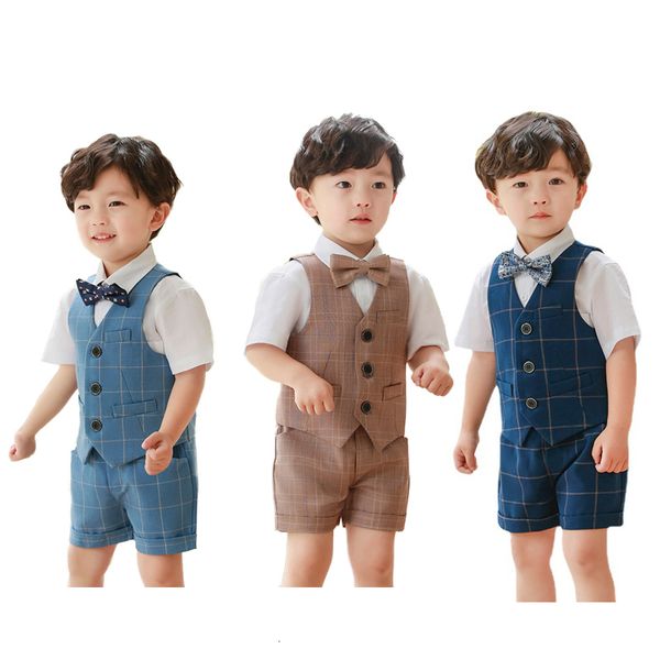 Costumes Garçon D'été À Manches Courtes À Carreaux Costume Ensemble Enfant Fête D'anniversaire De Mariage Performance Costume Enfants Chemises Bowtie Shorts Vêtements 230620