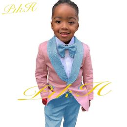 Pakken Jongens 2-delig pak Bruiloft Smoking Roze Jas Broek Mode Knappe kinderen Blazer Set Aangepaste kleding 3-16 jaar oud 231019