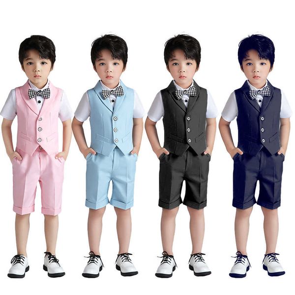 Costumes Garçons 3 Pcs / 4 Pcs Ensemble Gilet Uni Ensemble Enfants Gilet Shorts Chemise Noeud Papillon Gentleman Costumes Formels Porter Ensemble De Mariage Anniversaire PorterHKD230704