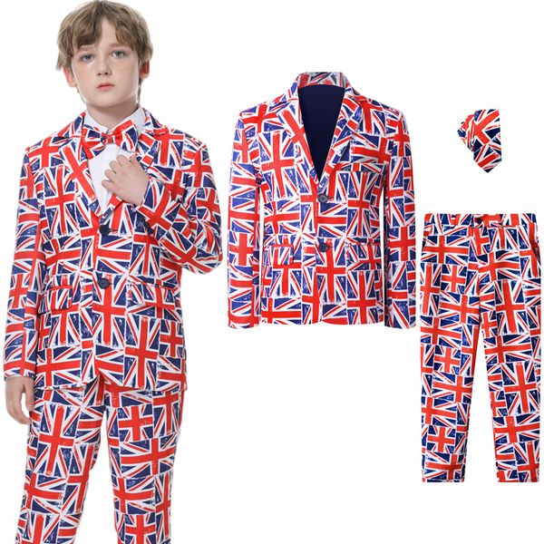 Costumes Garçons Costume Union Jack Patriotique Vêtements Ensemble Enfants Bretagne Drapeau Formelle Gentleman Tenues De Fête Classique Veste Pantalon Cravate 3 PCS 230726