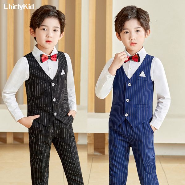 Costumes Garçons Top Stripe Gilet Vêtements Ensembles Enfants Chemise Gilet Pantalon Robe Formelle Enfant Uniforme Scolaire Bébé Enfant Tenues 230909