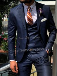 Suits Business Navy Blue Suits for Men Fit Slim Peak Lapel Groom Prom Tuxedos 3 Piezas Conjuntos Oficina Trabajo Blazer masculino Trajes de Hombre