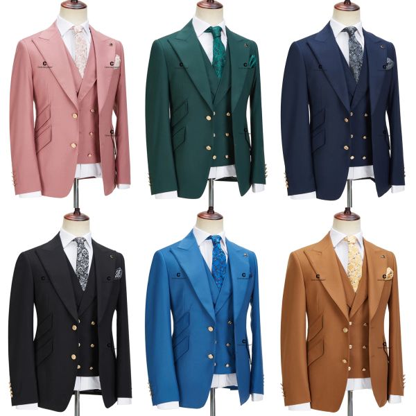 Costumes Cenne Des Graoom nouveaux hommes costumes coupe ajustée 3 pièces ensemble bouton d'or solide veste gilet pantalon mariage robe élégante formelle décontracté 999