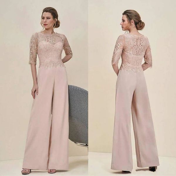 Trajes Jumpsuits baratos Lace Madre of the Bride Pant trajes Bateau Neck Blush Rosa Vestido de invitado de boda Chiffon Mothers Groom Dre Dre