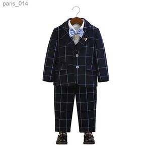 Pakken Kinderen Blue Plaid Jacket Vestbroek Bowtie 4 PCS Luxe foto Jurk Kinderen Verjaardagsfeestje Pak jongens formeel bruiloft smoking